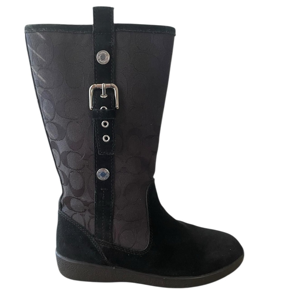 Coach Logo Boots Black Suede Canvass Monogram Mid-Calf‎ "Tullip" Women's 6.5 - Picture 2 of 7